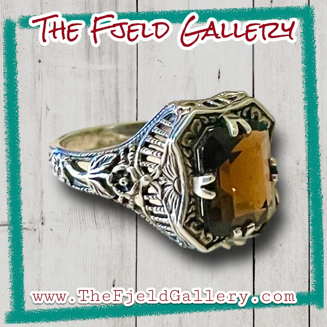 Brown Smokey Topaz Sterling Silver Victorian Filigree Ring