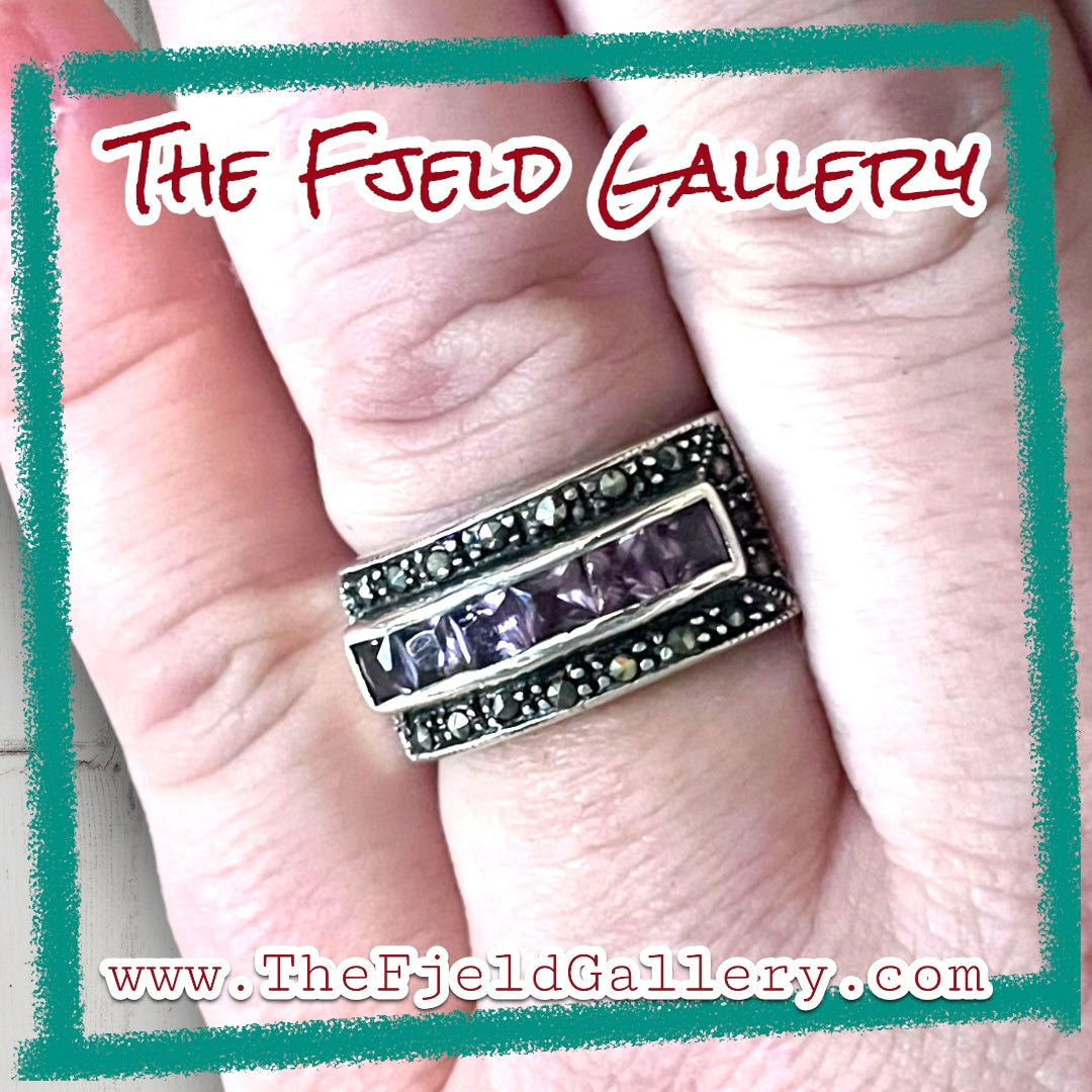 Amethyst Channel Set Sterling Silver & Marcasite Wide Band Ring