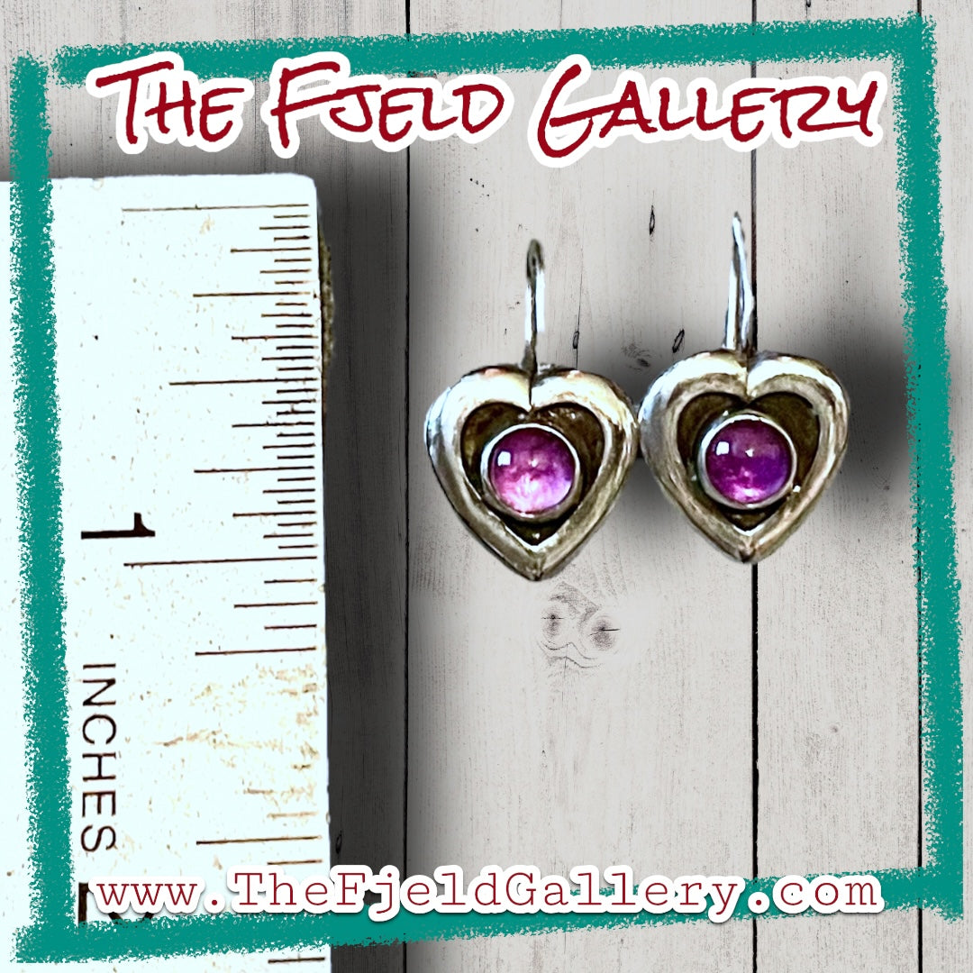 Vintage Sterling Silver & Amethyst Heart Shaped Earrings