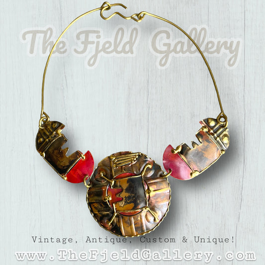 Vintage Arts & Crafts 1940’s Brass Tribal Chest Plate Necklace