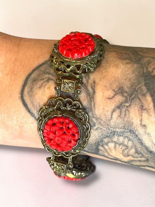 Art Nouveau Red Cinnabar Brass Flowers & Butterflies Panel Bracelet