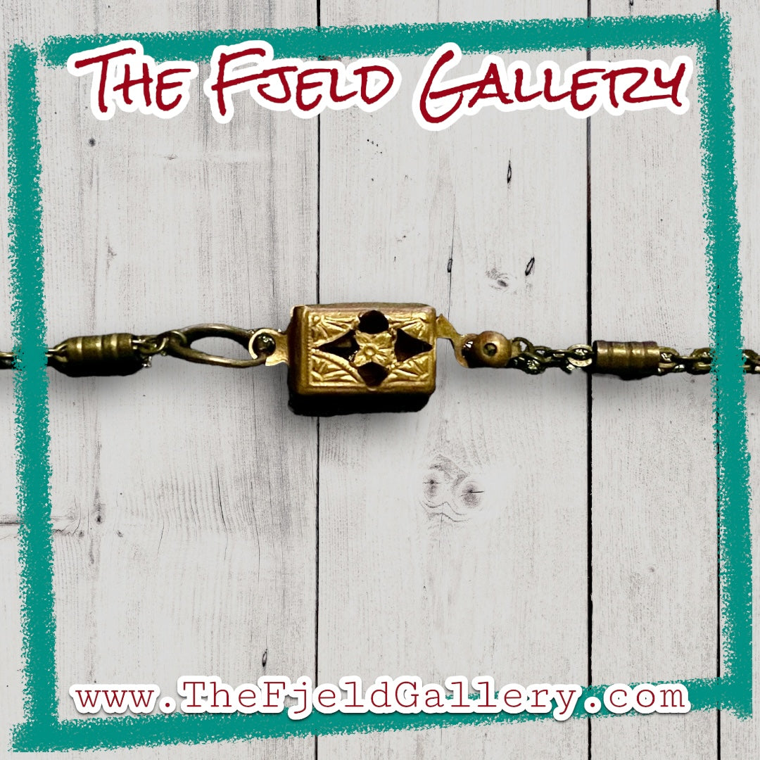 Czechoslovakian Blue Hubble Art Glass & Enamel Brass Filigree Necklace