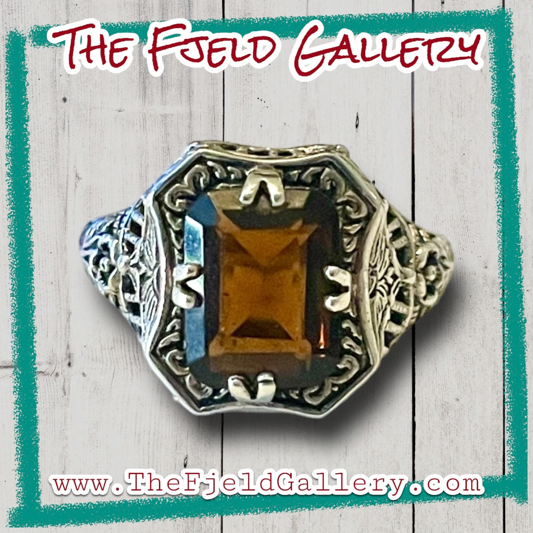 Brown Smokey Topaz Sterling Silver Victorian Filigree Ring