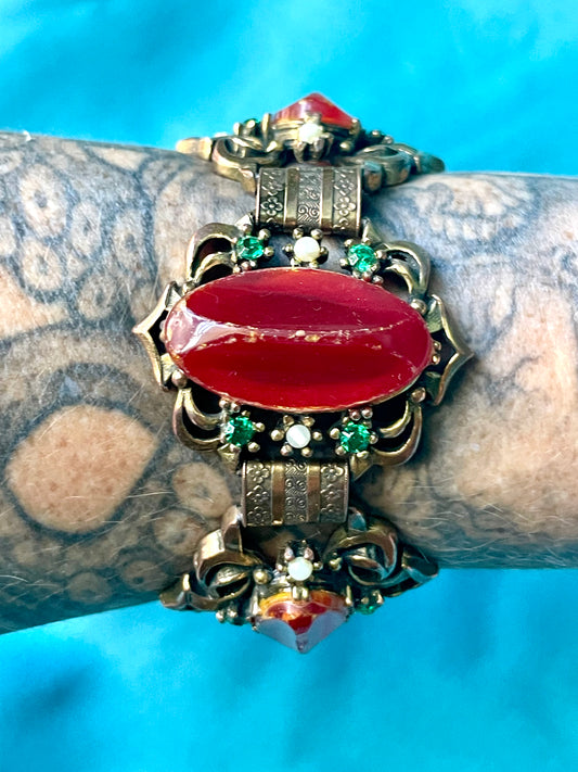 Brass Booklink Red-Orange Faux Amber, Green Crystal & Pearl Panel Link Bracelet