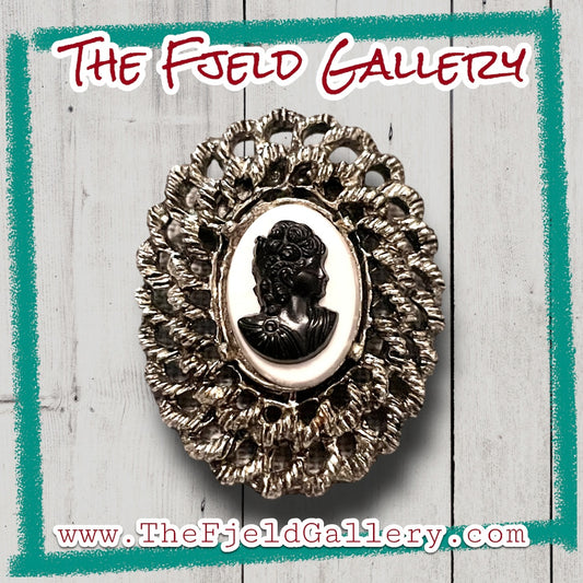 Vintage Black & White Cameo in Silver Brooch