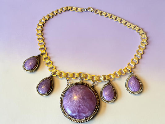 Incredible Victorian Book-link Chain Purple Marble Art Glass Festoon Necklace