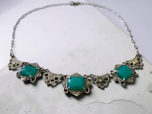 Art Deco Rhodium Silver Plated Brass Chrysoprase & Marcasite Filigree Necklace