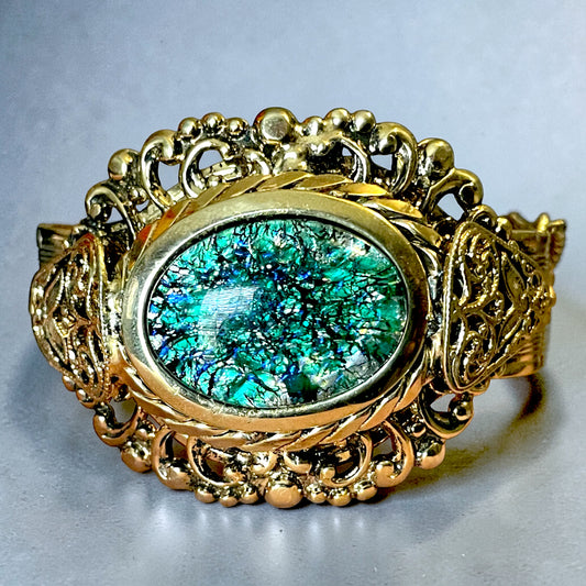 Whiting & Davis Green Dragons Breath Fire Opal Foil Art Glass Gold Brass Filigree Embossed Hinged Clamper Bracelet (Necklace Sold Separately)