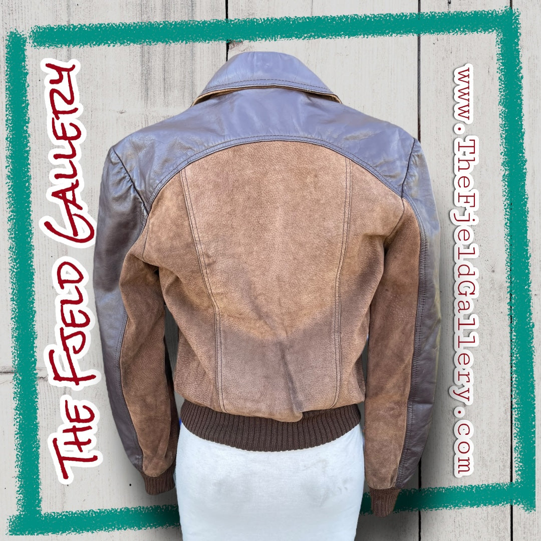 Vintage Brown Leather, Suede & Knit Bomber Jacket with Double Zipper
