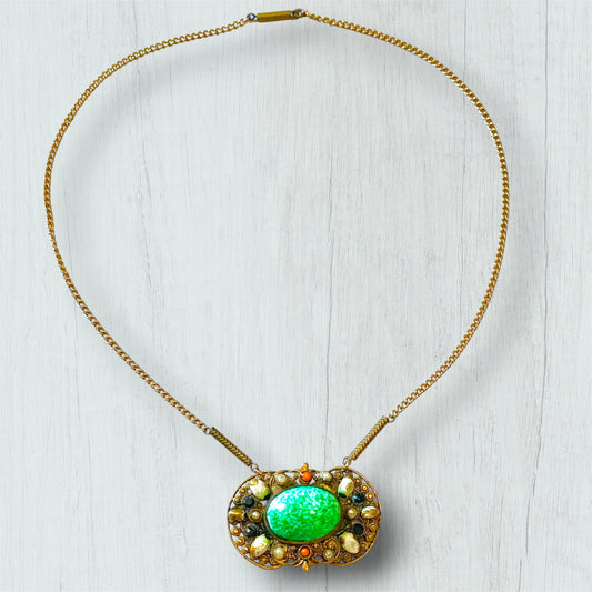Art Nouveau Czechoslovakian Brass Filigree Jade Peking Art Glass Necklace