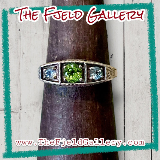 Aquamarine & Peridot Victorian Sterling Silver Filigree Ring