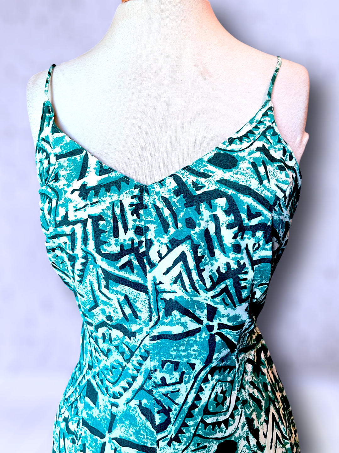 Vintage Turquoise, Teal Blue & White Patterned Low Tie Back Tank Jumpsuit