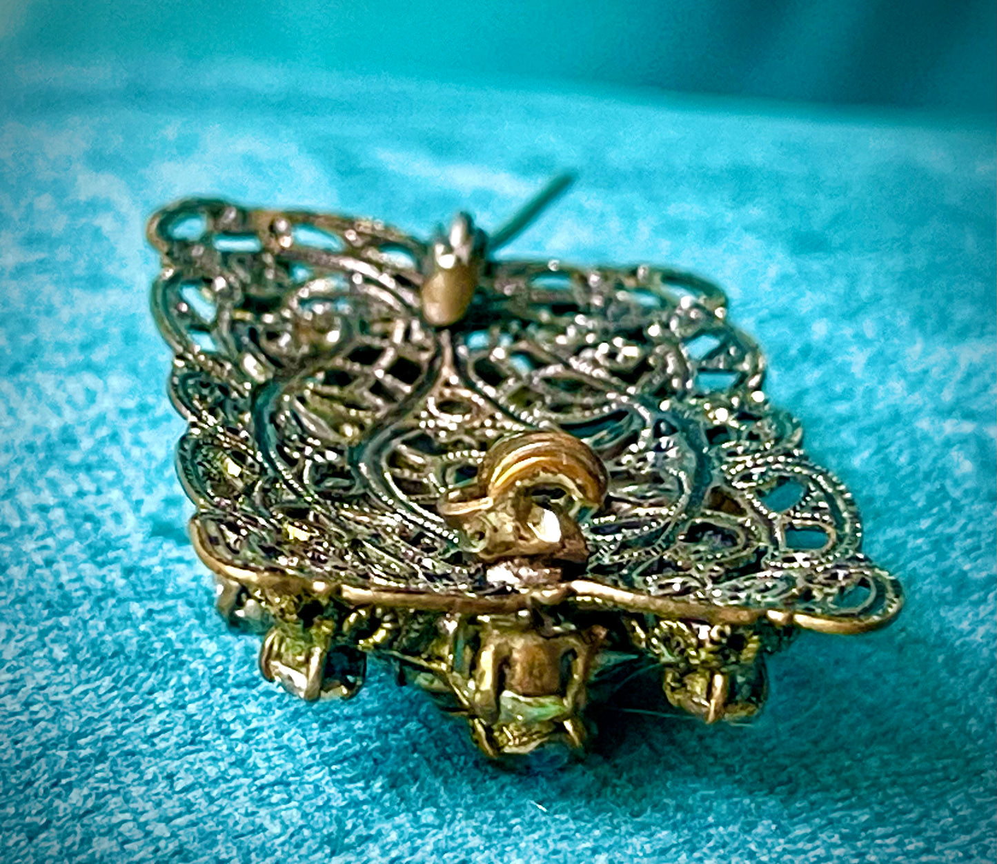 West German Aurora Borealis Crystal Brass Filigree Rose Brooch