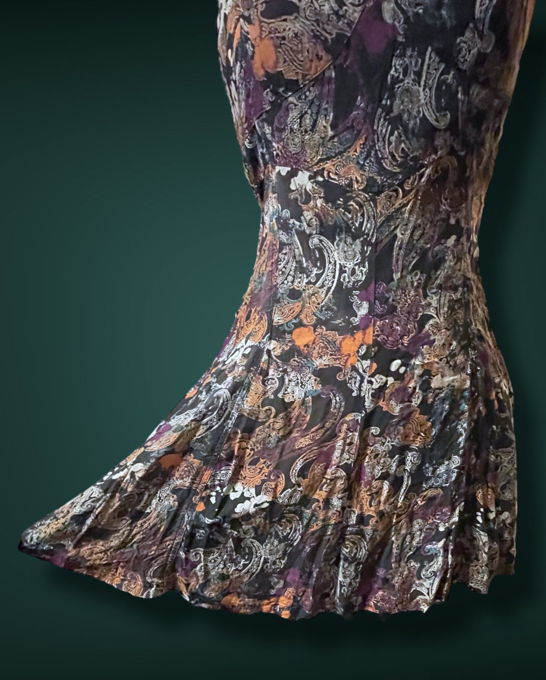1990’s Black & White Paisley Print w Purple, Teal & Rust Bleach Splash Sundress