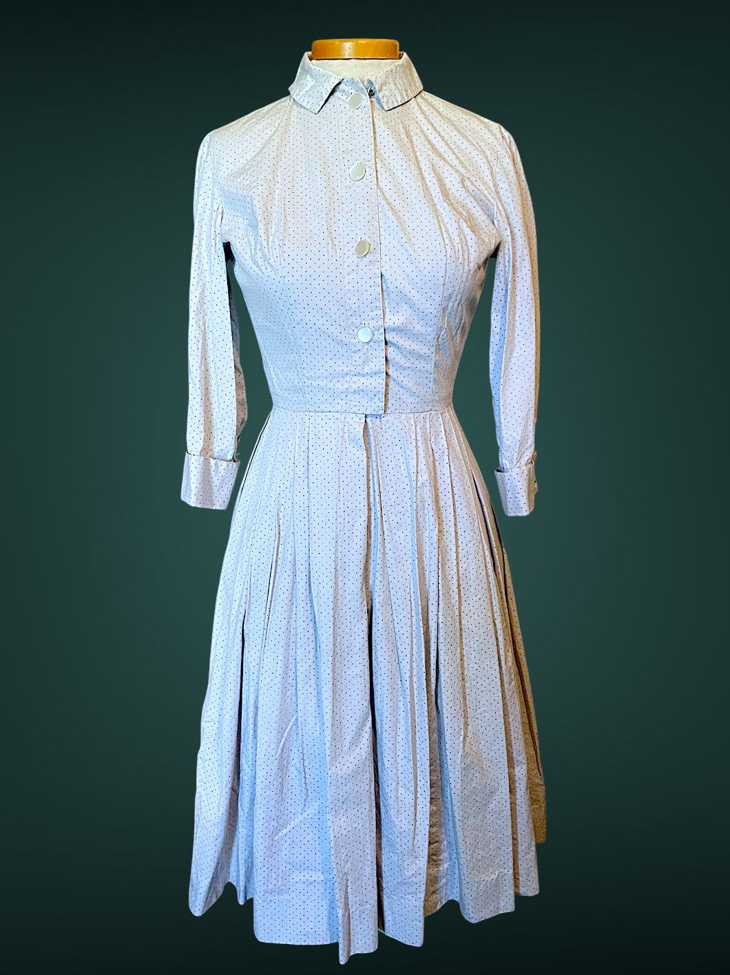 1960 A-Line Red, Blue & Green Polka Dot Button up Shirt Full Skirt Pocket Dress