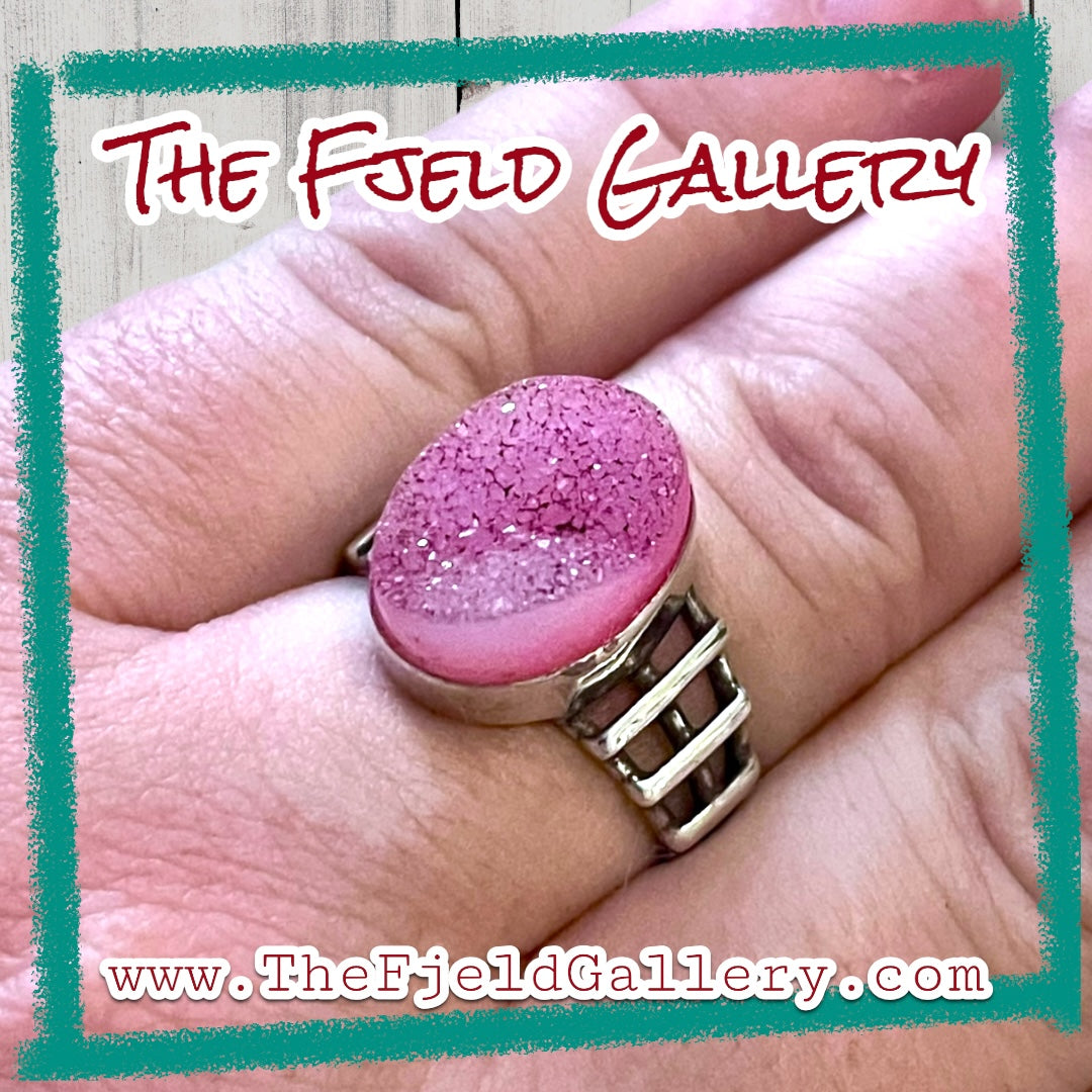 Pink Geode Agate Sterling Silver Ring