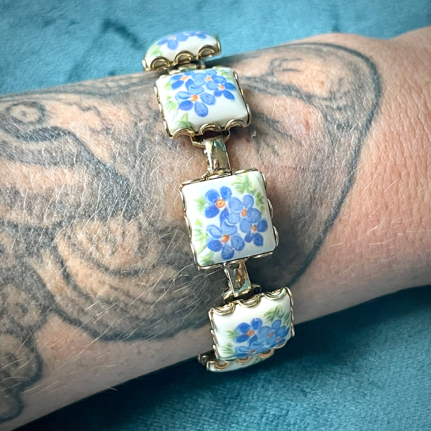 Vintage Blue Forget Me Not Flower Hand Painted Porcelain Limoge Panel Link Bracelet & Earring Demi Parure