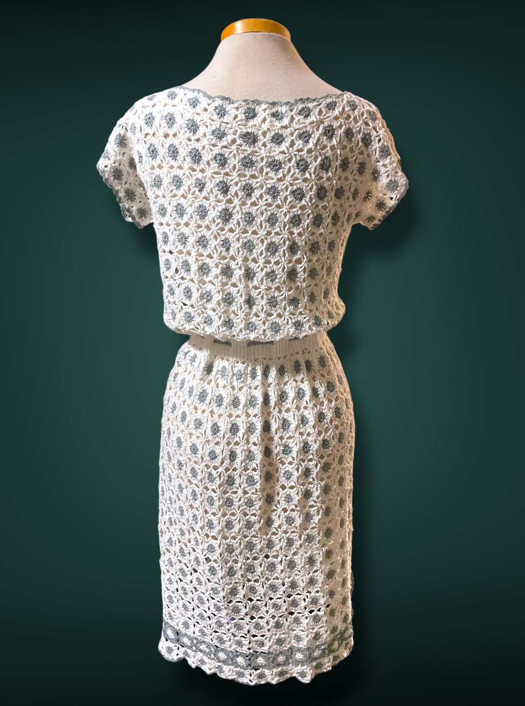1970’s Vintage White & Gray Crochet Knit Floral Bow Waist Dress