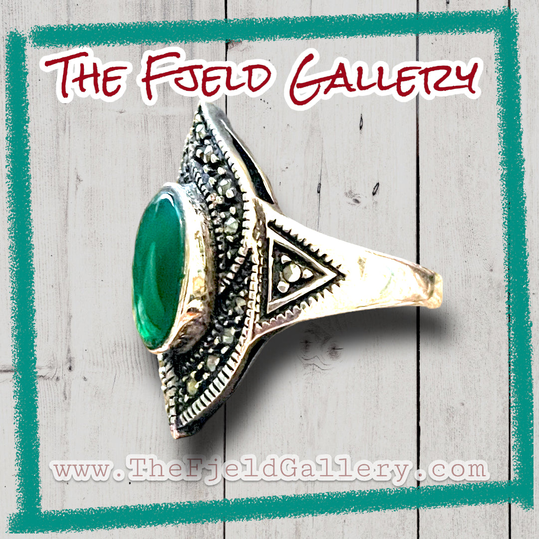 Green Chrysoprase Sterling Silver & Marcasite Art Deco Ring