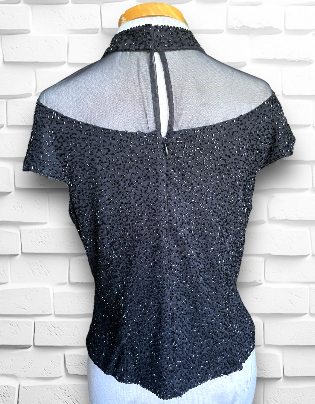 Vintage Black Transparent Sweetheart Bust Seed Bead Blouce