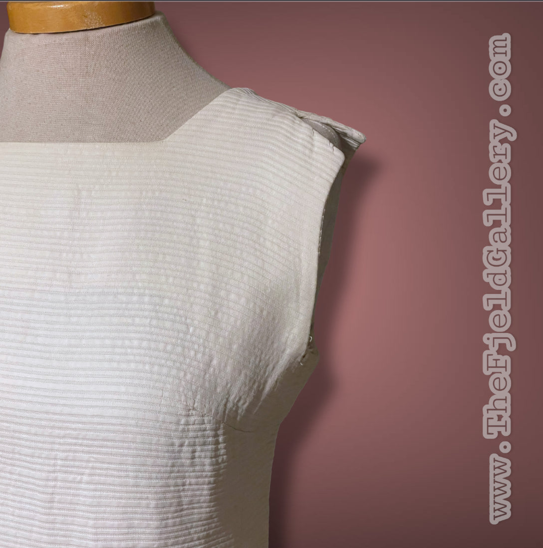 1960’s White Ribbed Texture Square Neck Pockets Sheath Dress