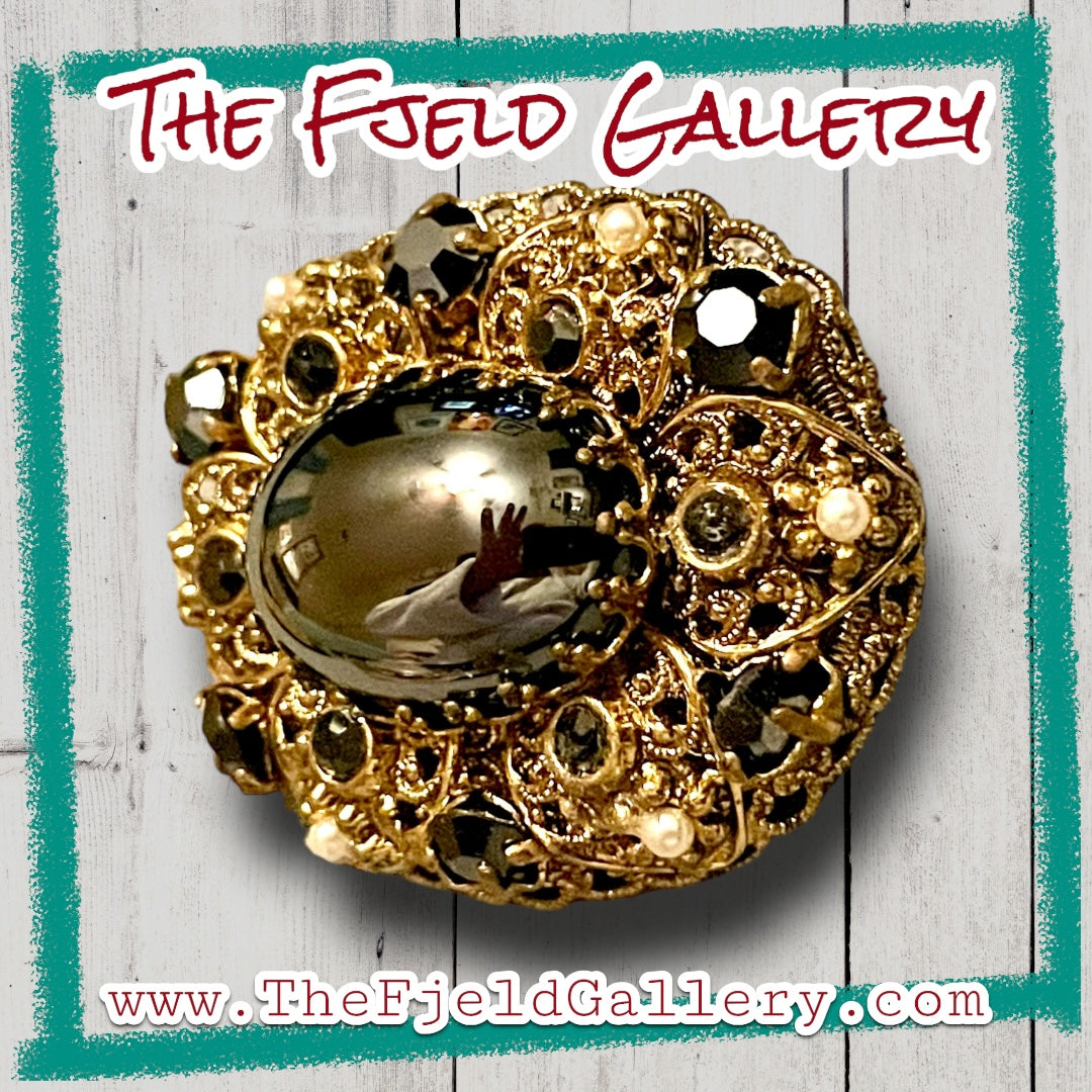 West German Brass Filigree Hematite & Pearl Brooch