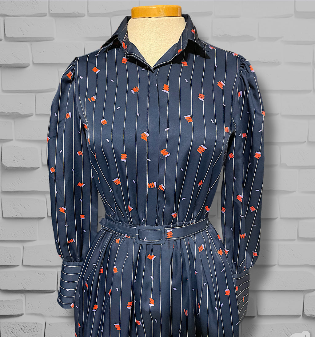 1970’s Navy Blue Pinstripe, Red & Purple Pattern Long-sleeve Pocket Belted Dress