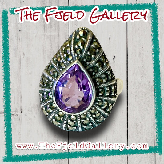 Amethyst & Marcasite Art Deco Teardrop Sterling Silver Dome Ring