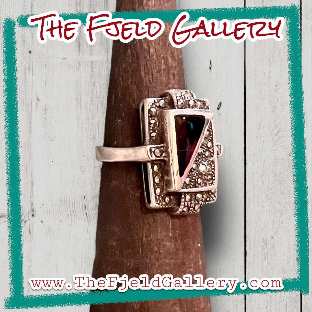 Art Deco Onyx & Marcasite Square Sterling Silver Geometric Ring