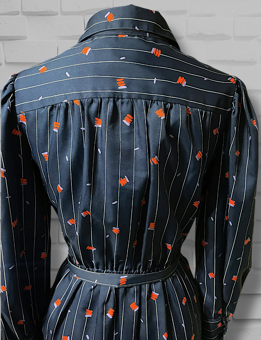 1970’s Navy Blue Pinstripe, Red & Purple Pattern Long-sleeve Pocket Belted Dress