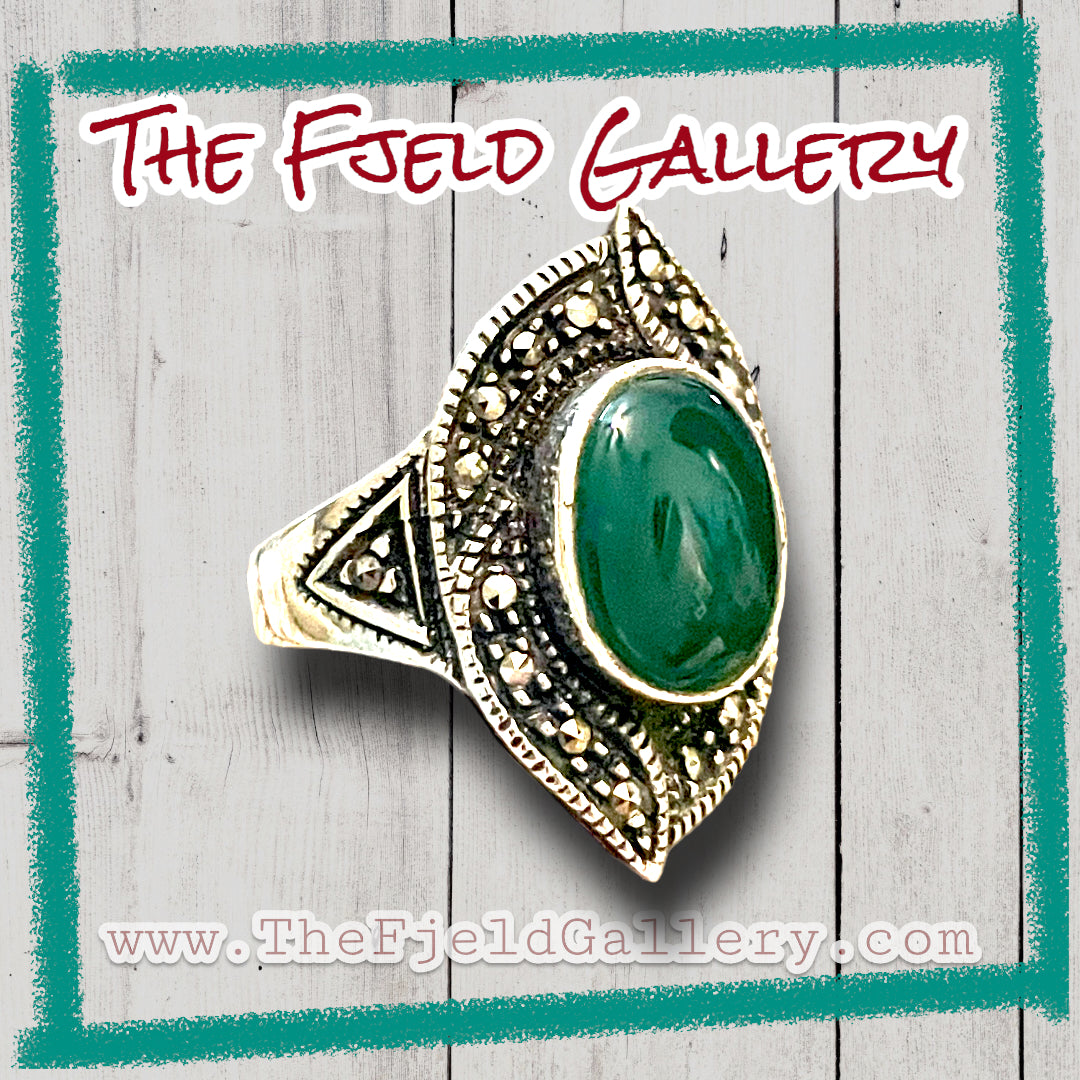 Green Chrysoprase Sterling Silver & Marcasite Art Deco Ring