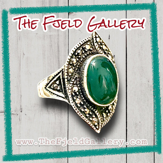 Green Chrysoprase Sterling Silver & Marcasite Art Deco Ring