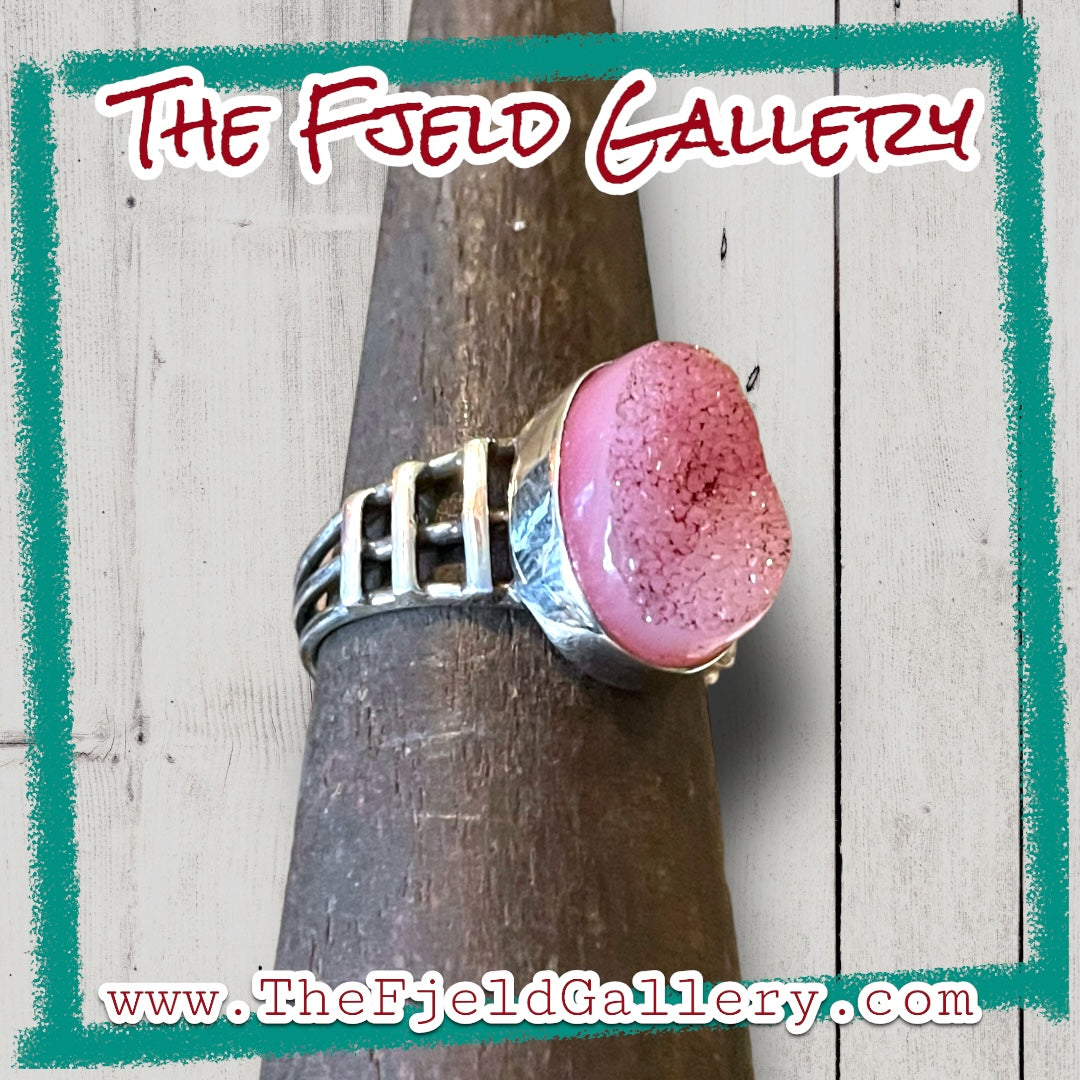 Pink Geode Agate Sterling Silver Ring
