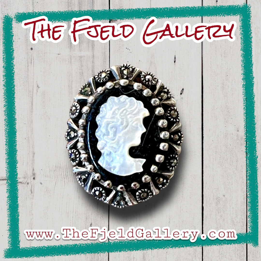 Art Deco Onyx & Mother of Pearl Cameo Sterling Silver & Marcasite Ring