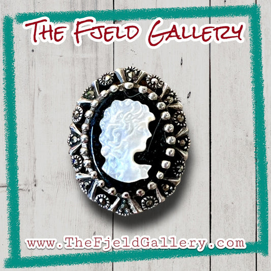 Art Deco Onyx & Mother of Pearl Cameo Sterling Silver & Marcasite Ring