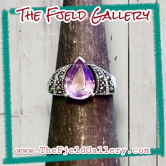 Amethyst Art Deco Teardrop Marcasite Sterling Silver Ring