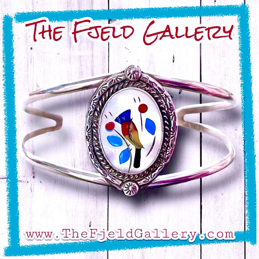 Vintage Native American Zuni Red, Yellow & Blue Bird Sterling Cuff Bracelet