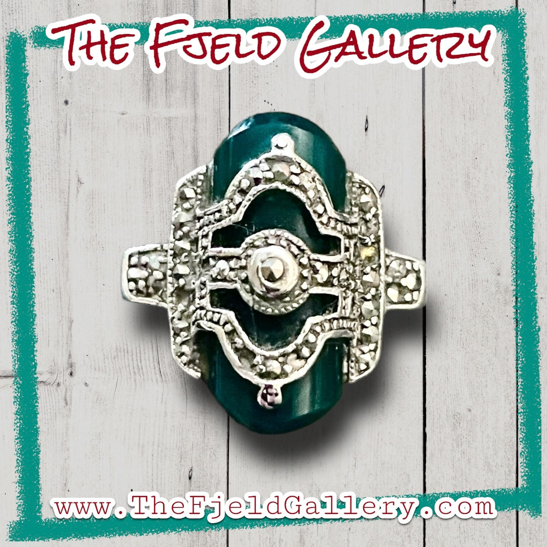 Chrysoprase Unique Art Deco Sterling Silver & Marcasite Overlay Ring