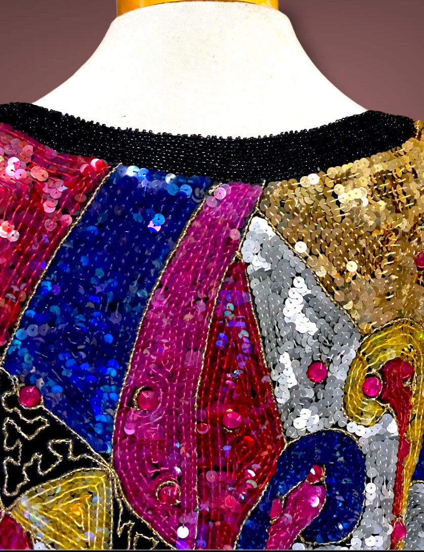 1970’s 100% Silk Sequin, Glass Seed Bead & Rhinestone Abstract Rainbow Top