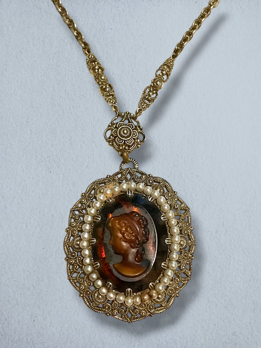 West German Amber Art Glass Cameo, Pearl Brass Filigree Necklace