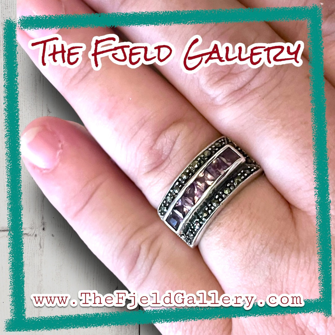 Amethyst Channel Set Sterling Silver & Marcasite Wide Band Ring