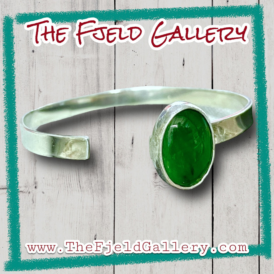 Green Jade Cabochon Sterling Cuff Bracelet