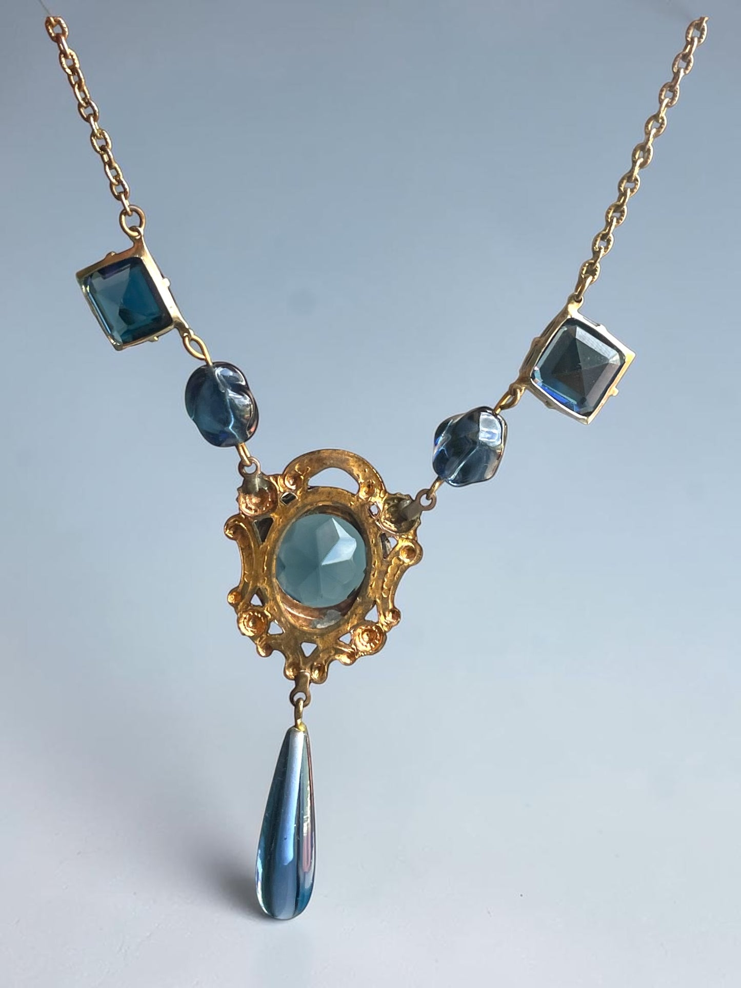 Art Nouveau Saphire Blue Czech Art Glass Brass Filigree Necklace