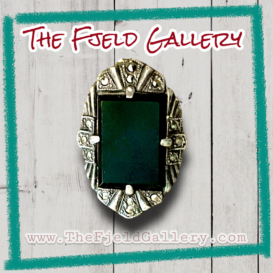 Onyx Faceted Rectangle Prong Set Art Deco Sterling Silver Marcasite Ring