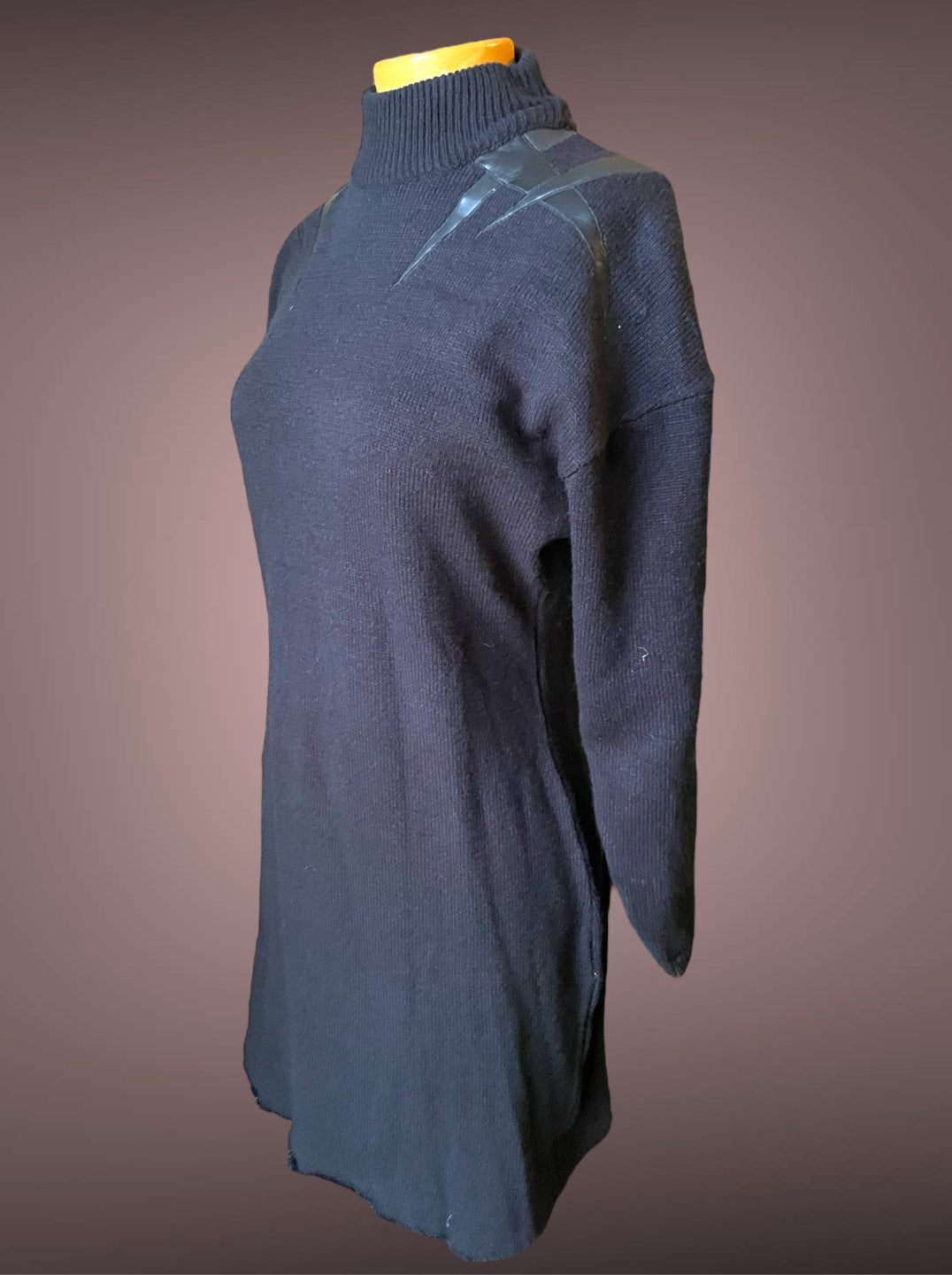 1980’s Amilano Black Sweater Dress w/ Geometric Faux Leather Shoulder Detail
