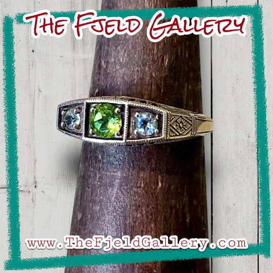 Aquamarine & Peridot Victorian Sterling Silver Filigree Ring