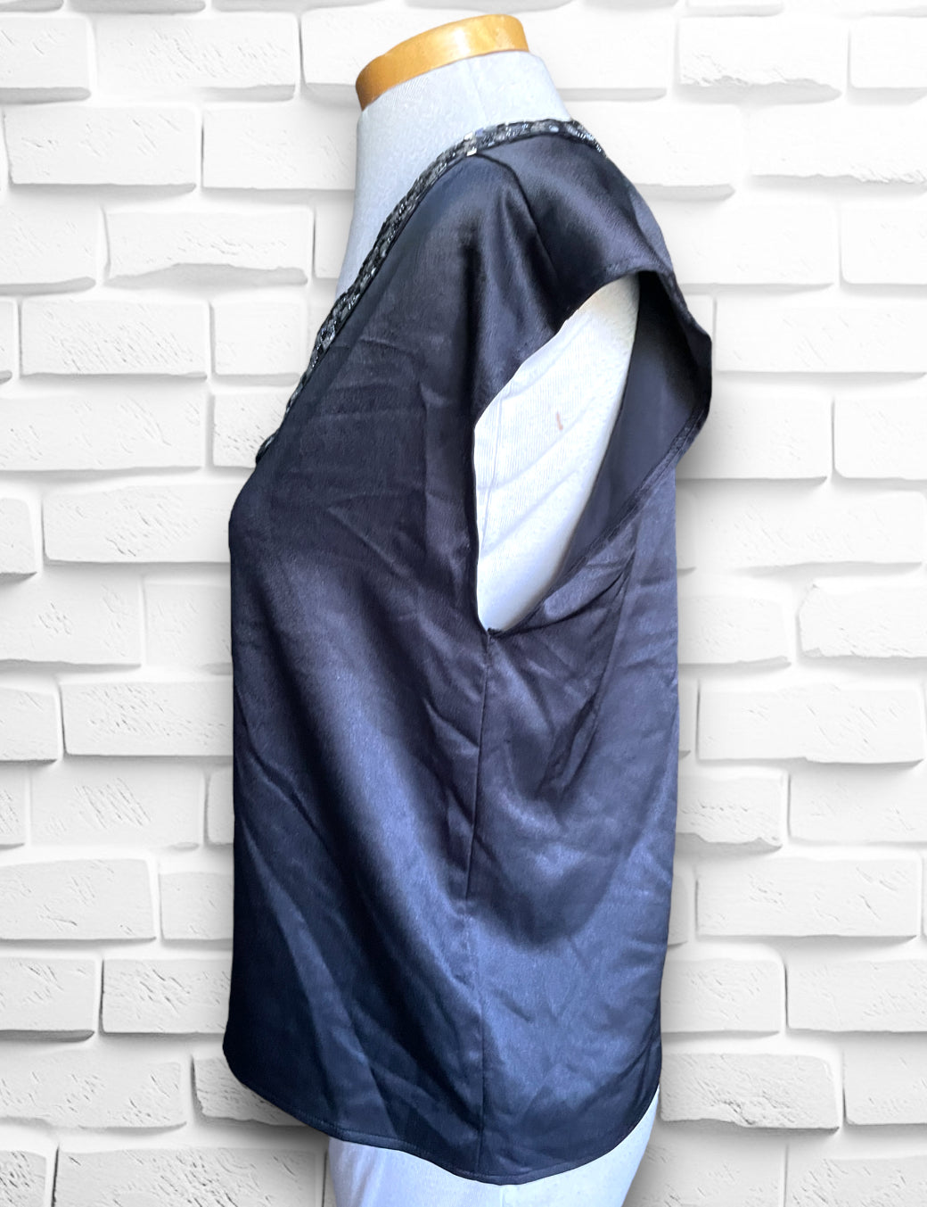 1990’s Vintage Black Satin Blouse w/ Black & Silver Seed Bead & Sequin Collar