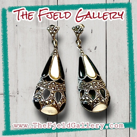 Art Deco Onyx, Mother of Pearl & Marcasite Vintage Sterling Silver Dangle Earrings