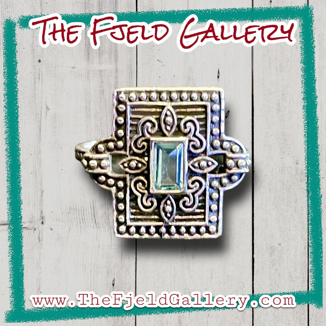 Victorian Aquamarine Square Filigree Open Work Sterling Ring