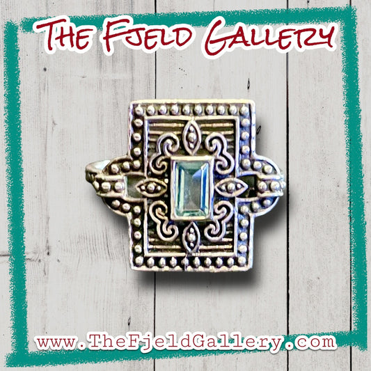 Victorian Aquamarine Square Filigree Open Work Sterling Ring